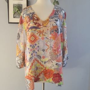Johnny Was Silk‎ Dragon Floral Print V Neck Cross Over Hem Top XL